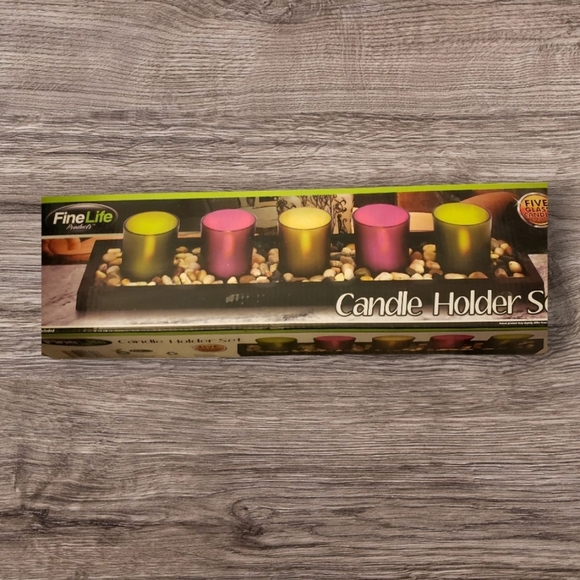 FineLife 5 Votive Candle Holder Set with Pebble Accents & Wooden Tray - Picture 3 of 7